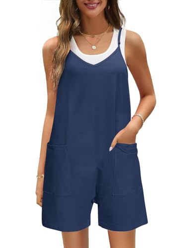 TOMEEK Latzhose Damen Kurz Lose Sommer Jumpsuit Damen Lässig Baumwolle Overall Kurze Hose Verstellbar Schulter Strampelanzug mit Große Taschen(Marineblau,XL) von TOMEEK