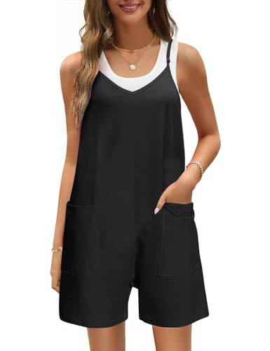 TOMEEK Latzhose Damen Kurz Lose Sommer Jumpsuit Damen Lässig Baumwolle Overall Kurze Hose Verstellbar Schulter Strampelanzug mit Große Taschen(Schwarz,XXL) von TOMEEK