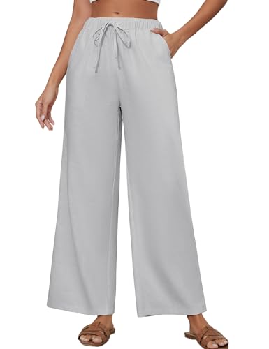 TOMEEK Leinenhose Damen Sommer Weite Lose Hosen Damen mit Elastischem Bund Freizeithose Casual Lockere Gerade Breites Bein mit Taschen Sommerhose(Grau,L) von TOMEEK