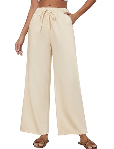 TOMEEK Leinenhose Damen Sommer Weite Lose Hosen Damen mit Elastischem Bund Freizeithose Casual Lockere Gerade Breites Bein mit Taschen Sommerhose(Khaki,L) von TOMEEK