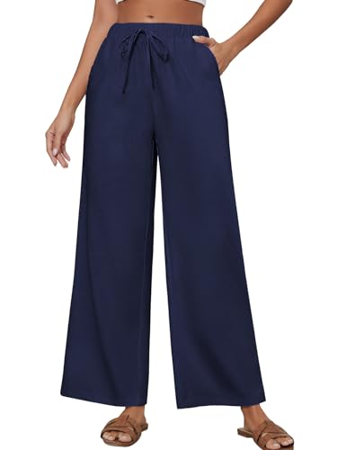 TOMEEK Leinenhose Damen Sommer Weite Lose Hosen Damen mit Elastischem Bund Freizeithose Casual Lockere Gerade Breites Bein mit Taschen Sommerhose(Marineblau,L) von TOMEEK