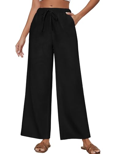 TOMEEK Leinenhose Damen Sommer Weite Lose Hosen Damen mit Elastischem Bund Freizeithose Casual Lockere Gerade Breites Bein mit Taschen Sommerhose(Schwarz,M) von TOMEEK