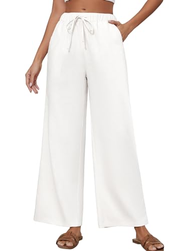 TOMEEK Leinenhose Damen Sommer Weite Lose Hosen Damen mit Elastischem Bund Freizeithose Casual Lockere Weites Bein mit Taschen Sommerhose(Weiß,L) von TOMEEK