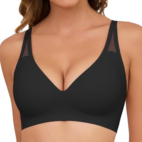 TOMEEK Nahtloser BH Damen Ohne Bügel Bequemer Seamless Tiefem V-Ausschnitt Soft BH Push Up T Shirt Schlaf BH Soft Ultrakomfortable Bralette Große Brüste Elastizität Bra(Schwarz,M) von TOMEEK