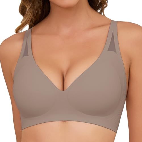 TOMEEK Nahtloser BH Damen Ohne Bügel Bequemer Seamless Tiefem V-Ausschnitt Soft BH Push Up T Shirt Schlaf Soft Ultrakomfortable Bralette Große Brüste Elastizität Bra(Grau,S) von TOMEEK