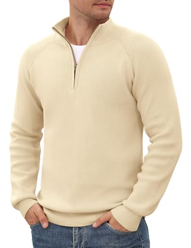 TOMEEK Pullover Herren Winter 1/4 Zip Baumwollmix Neck Rollkragen Strickpullover Langarm mit Reißverschluss für Herren Sweate Pulli Business Herrenpullover(Beige,M) von TOMEEK