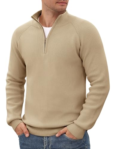 TOMEEK Pullover Herren Winter 1/4 Zip Baumwollmix Neck Rollkragen Strickpullover Langarm mit Reißverschluss für Herren Sweate Pulli Business Herrenpullover(Khaki,M) von TOMEEK