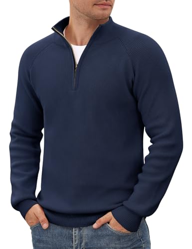 TOMEEK Pullover Herren Winter 1/4 Zip Baumwollmix Neck Rollkragen Strickpullover Langarm mit Reißverschluss für Herren Sweate Pulli Business Herrenpullover(Marineblau,L) von TOMEEK