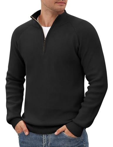 TOMEEK Pullover Herren Winter 1/4 Zip Baumwollmix Neck Rollkragen Strickpullover Langarm mit Reißverschluss für Herren Sweate Pulli Business Herrenpullover(Schwarz,M) von TOMEEK