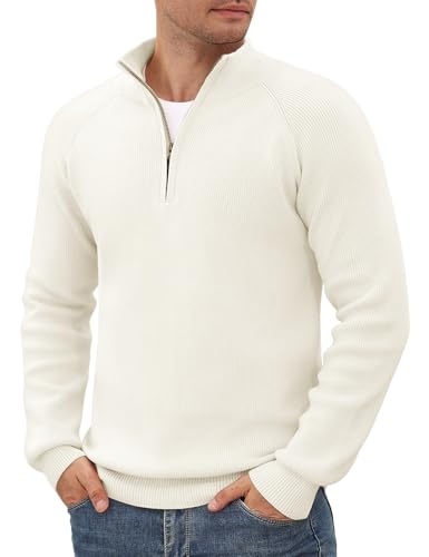 TOMEEK Pullover Herren Winter 1/4 Zip Baumwollmix Neck Rollkragen Strickpullover Langarm mit Reißverschluss für Herren Sweate Pulli Business Herrenpullover(Weiß,XL) von TOMEEK