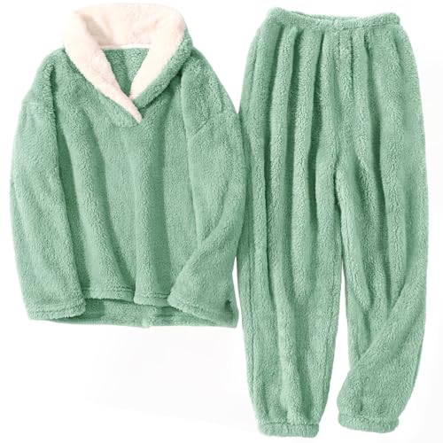 TOMEEK Schlafanzug Damen Winter Thermo Pyjama Set Langarm Fleece Nachtwäsche Set Weicher Warmer Heim Lounge Anzug mit Sweatshirt und Hose Polar PjS(Grün,L) von TOMEEK
