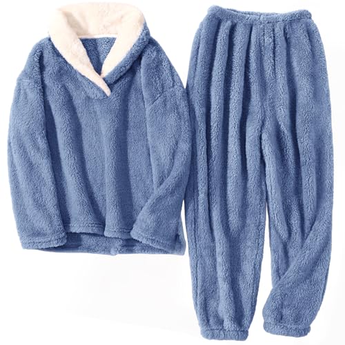 TOMEEK Schlafanzug Damen Winter Thermo Pyjama Set Langarm Fleece Nachtwäsche Set Weicher Warmer Heim Lounge Anzug mit Sweatshirt und Hose Polar PjS(Marineblau,L) von TOMEEK