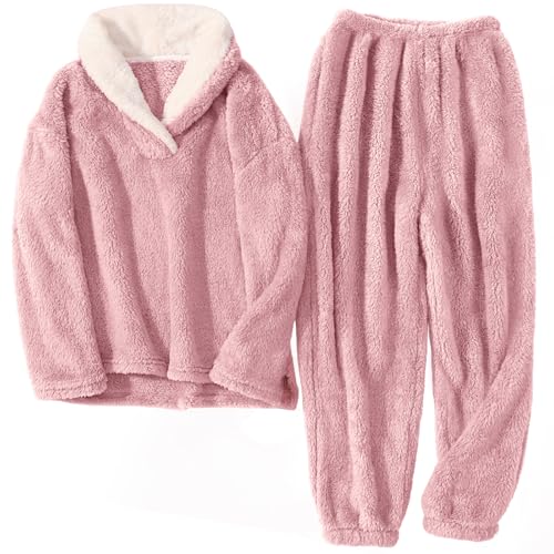 TOMEEK Schlafanzug Damen Winter Thermo Pyjama Set Langarm Fleece Nachtwäsche Set Weicher Warmer Heim Lounge Anzug mit Sweatshirt und Hose Polar PjS(Rosa,M) von TOMEEK