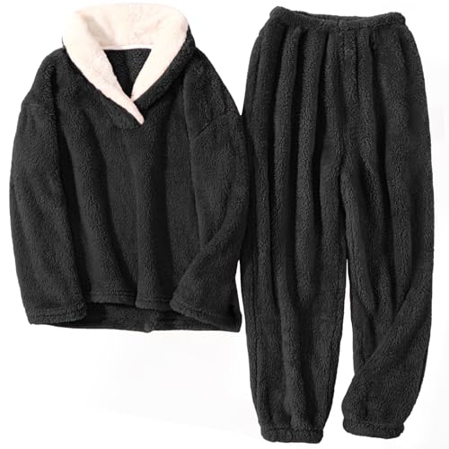 TOMEEK Schlafanzug Damen Winter Thermo Pyjama Set Langarm Fleece Nachtwäsche Set Weicher Warmer Heim Lounge Anzug mit Sweatshirt und Hose Polar PjS(Schwarz,L) von TOMEEK