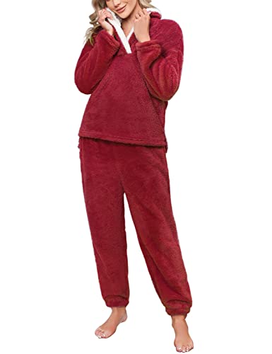 TOMEEK Schlafanzug Damen Winter Thermo Pyjama Set Langarm Fleece Nachtwäsche Set Weicher Warmer Heim Lounge Anzug mit Sweatshirt und Hose Polar PjS, Rotwein, Größe M von TOMEEK
