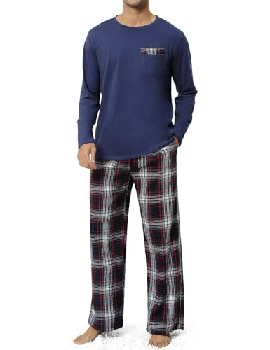 TOMEEK Schlafanzug Herren Lang Rundhals Pyjama Herren Zweiteiliger Set Baumwolle Langarm Shirt und Karierte Schlafanzughose mit Tasche Nachtwäsche(Blau rot weiß kariert,XXL) von TOMEEK