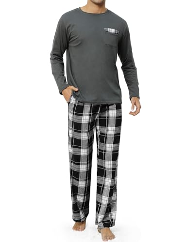 TOMEEK Schlafanzug Herren Lang Rundhals Pyjama Herren Zweiteiliger Set Baumwolle Langarm Shirt und Karierte Schlafanzughose mit Tasche Nachtwäsche(Dunkelgrau schwarz kariert,M) von TOMEEK