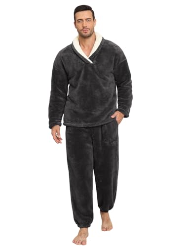 TOMEEK Schlafanzug Herren Lang Winter Schlafanzug Warm Pyjamahose Herren 2-Teiliges Pyjama Set Fleece Pyjama Loungewear Geschenk für Männer(Dunkelgrau,XL) von TOMEEK