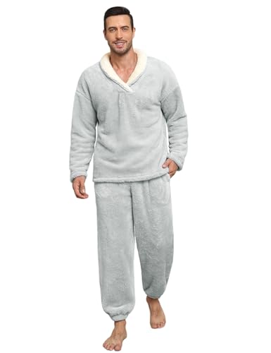 TOMEEK Schlafanzug Herren Lang Winter Schlafanzug Warm Pyjamahose Herren 2-Teiliges Pyjama Set Fleece Pyjama Loungewear Geschenk für Männer(Grau,XL) von TOMEEK