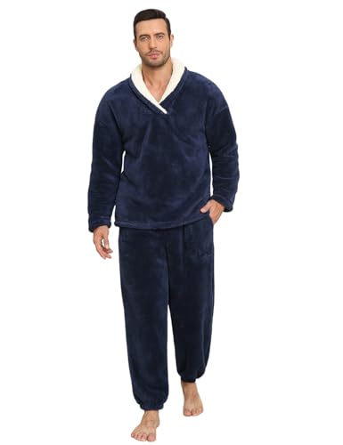 TOMEEK Schlafanzug Herren Lang Winter Schlafanzug Warm Pyjamahose Herren 2-Teiliges Pyjama Set Fleece Pyjama Loungewear Geschenk für Männer(Marineblau,L) von TOMEEK