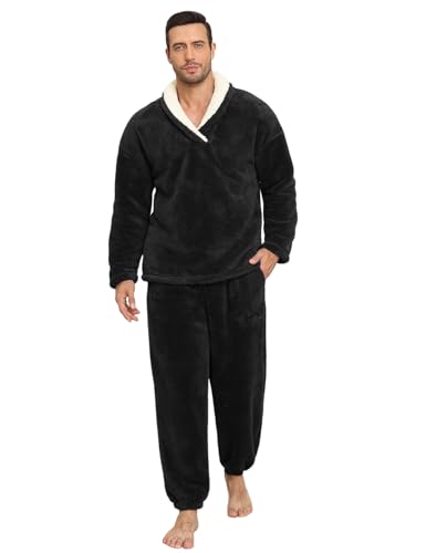 TOMEEK Schlafanzug Herren Lang Winter Schlafanzug Warm Pyjamahose Herren 2-Teiliges Pyjama Set Fleece Pyjama Loungewear Geschenk für Männer(Schwarz,XL) von TOMEEK