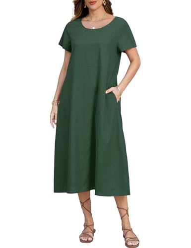TOMEEK Sommerkleid Damen Leinenkleider Rundhalsausschnitt Casual Damen Kleider Sommer Kurzarm Freizeitkleid mit Taschen Strandkleider Boho Langes Knielang(Grün,L) von TOMEEK