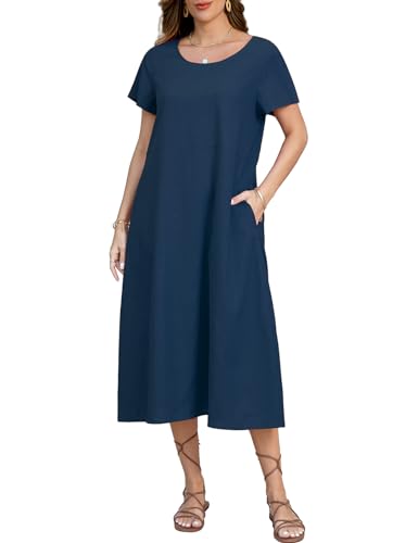 TOMEEK Sommerkleid Damen Leinenkleider Rundhalsausschnitt Casual Damen Kleider Sommer Kurzarm Freizeitkleid mit Taschen Strandkleider Boho Langes Knielang(Marineblau,L) von TOMEEK