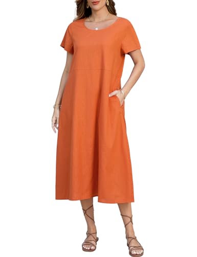 TOMEEK Sommerkleid Damen Leinenkleider Rundhalsausschnitt Casual Damen Kleider Sommer Kurzarm Freizeitkleid mit Taschen Strandkleider Boho Langes Knielang(Orange,M) von TOMEEK