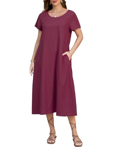 TOMEEK Sommerkleid Damen Leinenkleider Rundhalsausschnitt Casual Damen Kleider Sommer Kurzarm Freizeitkleid mit Taschen Strandkleider Boho Langes Knielang(Rotwein,XL) von TOMEEK