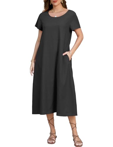 TOMEEK Sommerkleid Damen Leinenkleider Rundhalsausschnitt Casual Damen Kleider Sommer Kurzarm Freizeitkleid mit Taschen Strandkleider Boho Langes Knielang(Schwarz,L) von TOMEEK