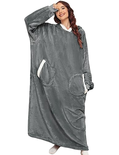 TOMEEK Hoodie Decke Damen Super Lange Oversize Hoodie Sherpa Sweatshirt Gemütlicher Flanell mit Ärmeln Tragbarer Kapuzenpullover mit Taschen Ganzkörperdecke, Dunkelgrau, Größe L von TOMEEK