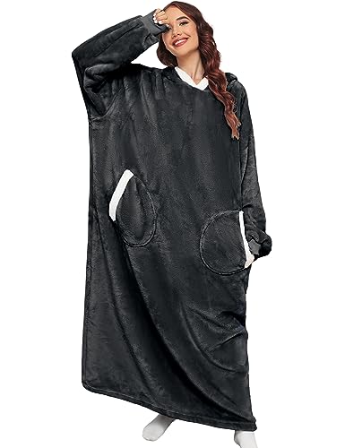 TOMEEK Hoodie Decke Damen Super Lange Oversize Hoodie Sherpa Sweatshirt Gemütlicher Flanell mit Ärmeln Tragbarer Kapuzenpullover mit Taschen Ganzkörperdecke, Schwarz, Größe M von TOMEEK