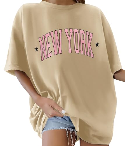 TOMEEK Tshirt Damen Oversized Rundhals Kurzarm Top Sommer T-Shirts Baumwolle Oberteile Frauen Breite Schulter T-Shirt Lockere Lässig Bluse(Mandel A,L) von TOMEEK