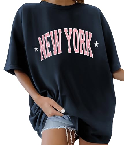 TOMEEK Tshirt Damen Oversized Rundhals Kurzarm Top Sommer T-Shirts Baumwolle Oberteile Frauen Breite Schulter T-Shirt Lockere Lässig Bluse(Marineblau A,S) von TOMEEK