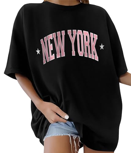 TOMEEK Tshirt Damen Oversized Rundhals Kurzarm Top Sommer T-Shirts Baumwolle Oberteile Frauen Breite Schulter T-Shirt Lockere Lässig Bluse(Schwarz A,L) von TOMEEK