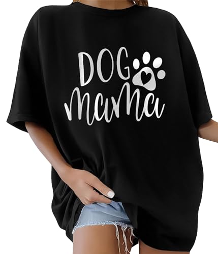 TOMEEK Tshirt Damen Oversized Rundhals Kurzarm Top Sommer T-Shirts Baumwolle Oberteile Frauen Breite Schulter T-Shirt Lockere Lässig Bluse(Schwarz C,L) von TOMEEK