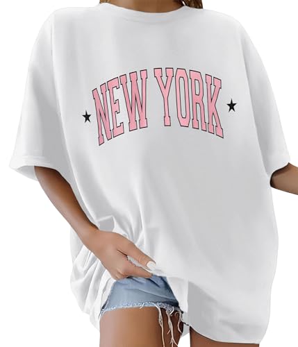 TOMEEK Tshirt Damen Oversized Rundhals Kurzarm Top Sommer T-Shirts Baumwolle Oberteile Frauen Breite Schulter T-Shirt Lockere Lässig Bluse(Weiß A,L) von TOMEEK