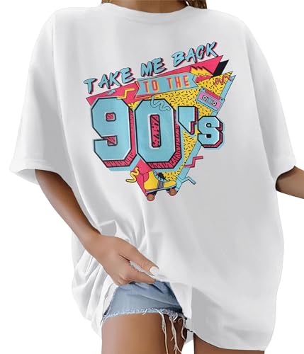 TOMEEK Tshirt Damen Oversized Rundhals Kurzarm Top Sommer T-Shirts Baumwolle Oberteile Frauen Breite Schulter T-Shirt Lockere Lässig Bluse(Weiß B,L) von TOMEEK