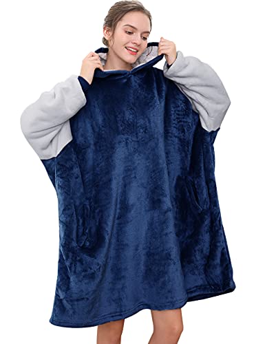 TOMEEK Übergroße Hoodie Damen Sweatshirt Decke Robe weiche gemütliche warme komfortable Riesen-Hoodie Geeignet Kapuzenpullover Flanell Hoodies mit Tasche für Damen, Herren(Blau) von TOMEEK