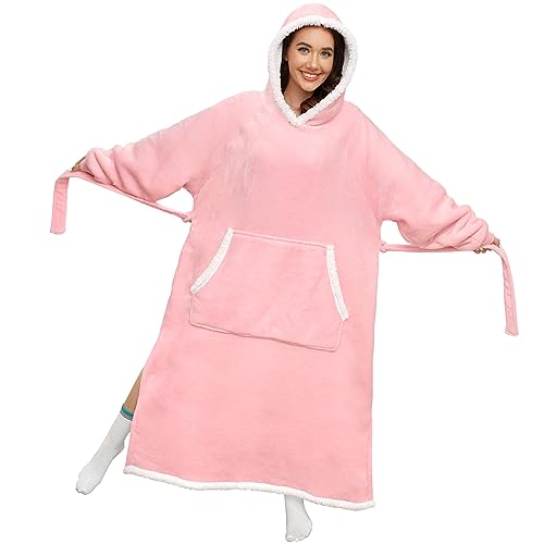 TOMEEK Übergroße Sherpa Hoodie Decke Tragbare Sweatshirt für Damen Herren Fleece Pullover Flanelldecke Kapuzenpullover mit seitlichem Schlitz und Gürtel kuschelige Decke mit Ärmeln, Rosa von TOMEEK