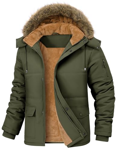 TOMEEK Winterjacke Herren Winter Parka Warm Fleecejacke Winddicht Outdoorjacke Mantel Lang Gefüttert Steppjacke mit Abnehmbar Kapuze und Taschen Winterparka(Armeegrün,XXL) von TOMEEK