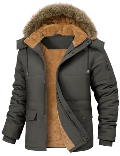 TOMEEK Winterjacke Herren Winter Parka Warm Fleecejacke Winddicht Outdoorjacke Mantel Lang Gefüttert Steppjacke mit Abnehmbar Kapuze und Taschen Winterparka(Dunkelgrau,L) von TOMEEK