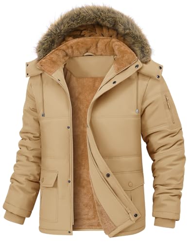 TOMEEK Winterjacke Herren Winter Parka Warm Fleecejacke Winddicht Outdoorjacke Mantel Lang Gefüttert Steppjacke mit Abnehmbar Kapuze und Taschen Winterparka(Khaki,M) von TOMEEK