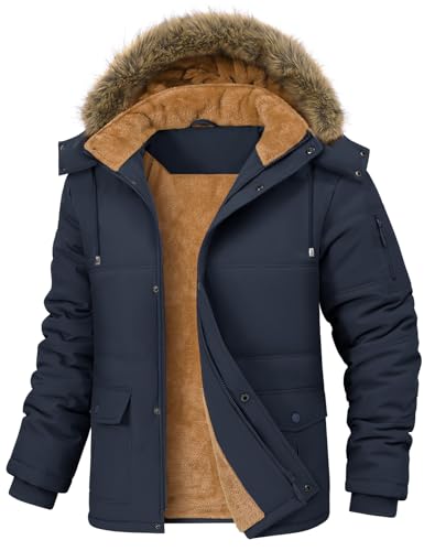 TOMEEK Winterjacke Herren Winter Parka Warm Fleecejacke Winddicht Outdoorjacke Mantel Lang Gefüttert Steppjacke mit Abnehmbar Kapuze und Taschen Winterparka(Marineblau,M) von TOMEEK
