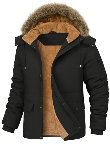 TOMEEK Winterjacke Herren Winter Parka Warm Fleecejacke Winddicht Outdoorjacke Mantel Lang Gefüttert Steppjacke mit Abnehmbar Kapuze und Taschen Winterparka(Schwarz,M) von TOMEEK