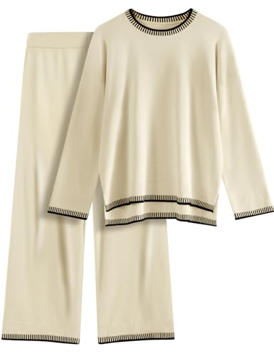 TOMEEK Zweiteiler Damen Elegant Hausanzug Damen Kuschelig Langarm Lounge Sets Strickpullover Top Weites Bein Hose Freizeitanzug Rundhalsausschnitt Outfit(Beige,S) von TOMEEK