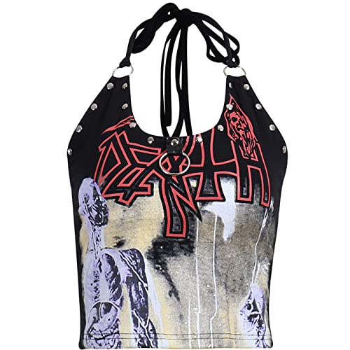 Goth Neckholder Nieten Crop Top Tie Dye Korsett Tops für Frauen Fairy Grunge Rückenfrei Strand Tank Cami Punk Lace Up Sommer Camisole, Goth Crop Top Lace Up Bustier Tops, Klein von TOMETO STAR