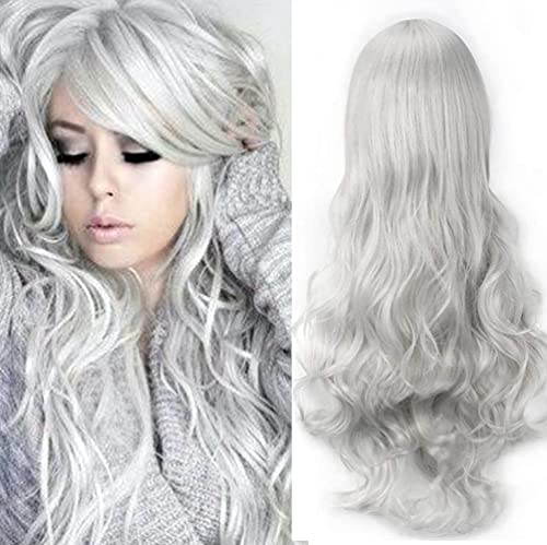 32 ZOLL Perücke Lang Locken Silber mit Pony Anime Cosplay Wig Halloween Kostüm Party Syntheik Perücken Frauen von Rcrllya