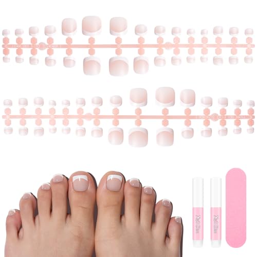 TOMICCA 150 Stück Falsche Fußnägel Kit, 3 in 1 Rosa Matt Französisch Vollständige Abdeckung Fußnägel Zum Aufkleben Set, für Damen Frauen Nagelkunst DIY, 15 Größen Kurz von TOMICCA