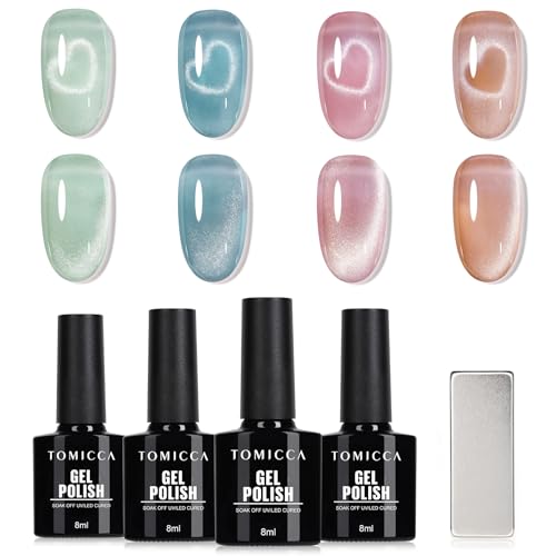 TOMICCA Cat Eyes UV Nagellack Set, 4 Farben Glitzer Rosa Gel Nagellack UV LED Gel Nägel Polish für Anfänger DIY Home & Nail Art Maniküre Salon, 8ML von TOMICCA